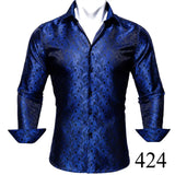 Barry Wang Exquisite Blue Silk Paisley Men's Shirt Four Seasons Lapel Long Sleeve Embroidered Leisure Fit Party Wedding MartLion   