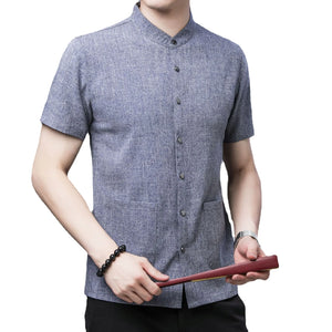 Men's Short-sleeved Seasonal Shirt with Stand Collar Linen Casual Daily Large Pocket Stand Collar Half Sleeve Shirt MartLion   