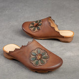 Natural Genuine Leather Ethnic Round Toe Appliques Flower Sandals Flats Summer Slippers Women Rubber Shoes MartLion Dark Brown 40 