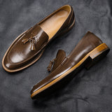 Grade Wood Grain Shoes Men's Leather Luxury Loafers with Fringe Slip on Tassel Slip on Flats Mart Lion   