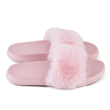 Summer indoor shoes ladies flat solid color open toe flip flops fake fur fox fur slippers MartLion   