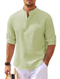 Cotton Linen Men's Long-Sleeved Shirts Spring Autumn Solid Color Stand-Up Collar Casual Beach Style MartLion green XXXL 