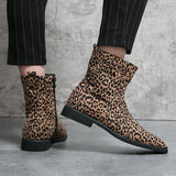 Men's Ankle Boots Suede Leather Leopard Pointed Toe Dress Shoes Zip Motorcycle Casual Party Footwear Mart Lion   