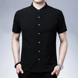 Men's Short-sleeved Seasonal Shirt with Stand Collar Linen Casual Daily Large Pocket Stand Collar Half Sleeve Shirt MartLion Black 55-65KG40 