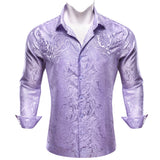 Luxury Shirts Men's Long Sleeve Silk Gold Blue White Black Red Green Purple Silver Paisley Embroidered Casual Blouses Lapel MartLion   