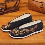 Old Beijing Cloth Shoes Men's Soft Sole Chinese Embroidery Style Yellow Black Dragon Round Mouth Loafer MartLion Gold 35 length 22.5cm 
