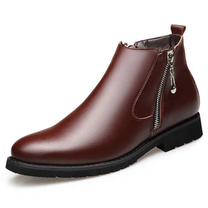 Genuine Leather Chelsea Boots Men's Winter Shoes Plush Warm Zipper Winter Ankle Black MartLion Brown 9.5 