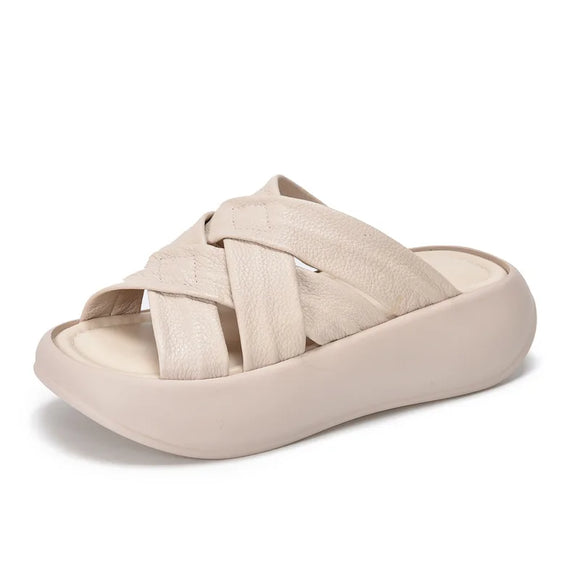 Platform slippers women wear cross-strap flip-flops summer casual 100 bypass head layer cowhide open-toe MartLion Beige 36 