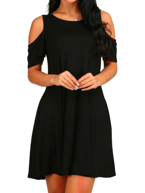 Elegant Dress Vintage Off Shoulder Short Sleeves Loose Women Solid Color Mini Dress Club Party MartLion black S 