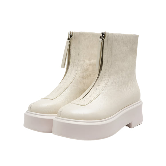 Donna-in Platform Boots Cowhide Leather Women Classic Front Zip Booties Round Toe Square Heel Simple Female Short Boots MartLion