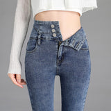 Vintage High-waist Stretch Skinny Jeans Women's Stretch Button Pencil Pants Mom Casual Mart Lion Retro blue 25 