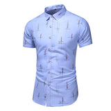 Summer breathable cotton Men's Slim Printed Hawaiian vacation Short sleeve shirts Office casual work Mart Lion 5014 Light blue Asian size M 