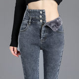 Winter Thick Fleece High-waist Warm Skinny Jeans Thick Women Stretch Button Pencil Pants Mom Casual Velvet Mart Lion Blue gray 25 