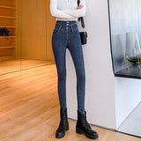  High Waist Women Solid Jeans 3 Buttons Female Pant Slim Elastic Mom Stretch Blue Grey Skinny Pencil Pant Mart Lion - Mart Lion