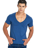 Deep V Neck T Shirt for Men's Low Cut Scoop Neck Top Tees Drop Tail Short Sleeve Cotton Casual Style Mart Lion Blue S 