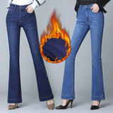 Winter Fleece Flared Pants Jeans Women High Waist Stretch Slim TWide Legs Hick Velvet Female Denim Trousers Mart Lion   