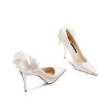  Women Wedding Shoes Bridal White Bow High Heels Temperament Stiletto Low-Cut Satin Banquet Mart Lion - Mart Lion