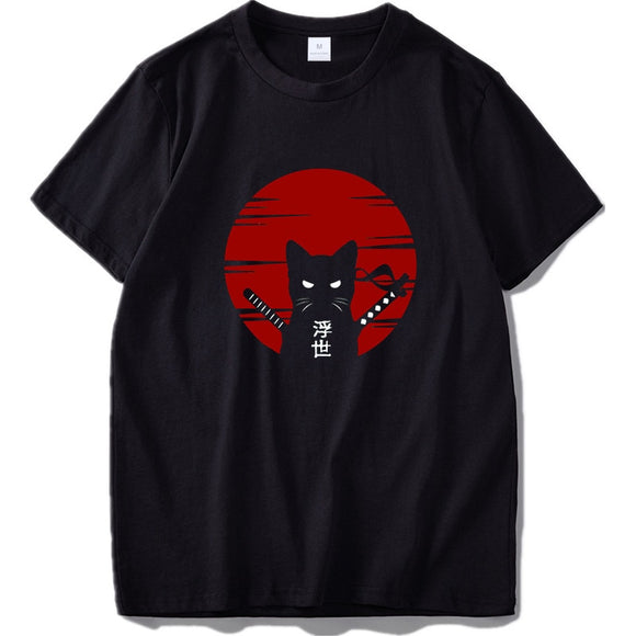 Dark Style Samurai Cat T shirt Ukiyoe Culture Design Digital Print 100% Cotton Tops Tee Mart Lion   