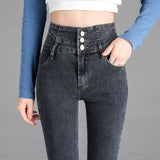 Vintage High-waist Stretch Skinny Jeans Women's Stretch Button Pencil Pants Mom Casual Mart Lion   