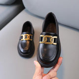 Children Loafers Metal Black Pu Leather Slip-on Kids Flat Shoes Platform Roune Toe Concise Style Boys Girls Mart Lion   