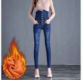 Winter Fleece Button Waist Tuck Skinny Jeans Mujer Women Warm Denim Pencil Pants Fashion High Waist Velvet Trousers Mart Lion   