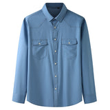 Men's Loose Casual Classic Pocket Cotton Autumn Men's Long Sleeve Cotton Elasticity Shirts Mart Lion Sky blue XL-185 