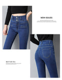  High Waist Three Buttons Jeans Women Skinny Korean Denim Pencil Pants Stretch Slim All-match Casual Denim Trousers Mart Lion - Mart Lion