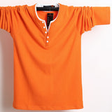 Autumn Men T Shirt Button Big Tall Cotton Long Sleeve T Shirts Men's Casual T-Shirt Solid Fit Tee Top Male Mart Lion Orange M 
