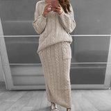 Winter Women Knitted 2 Pieces Set Casual Solid Color Long Sleeve Pullovers Sweater Top+Knitted Skirts 2PCS Suits Warm Sets Mart Lion Apricot S 