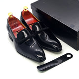 Men's Dress Shoes Black Patent Leather loafers With Black String Pointed Toe Party Wedding Formal Luxury Mart Lion   