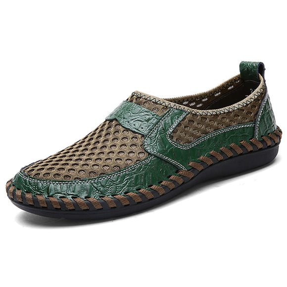 Summer Men's Casual shoes Breathable Mesh cloth Loafers Soft Flats Sandals Handmade Driving Mart Lion Green 6.5 