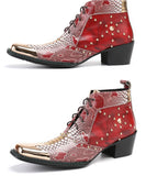 Men's Metal Fangtou Belt High-heeled Short boots Western Cowboy Cowhide Serpentine Printing Stage show Party Mart Lion   