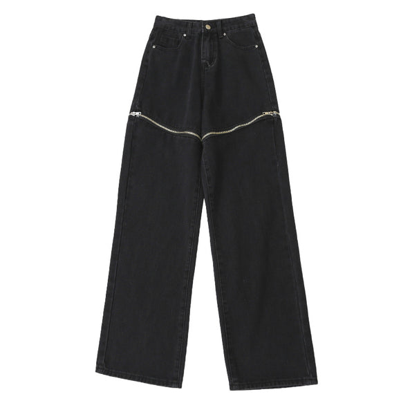 Jeans Women Two-wear Zipper Detachable Design High Waist Straight Loose Drape Female Mopping Denim Trousers Mart Lion   