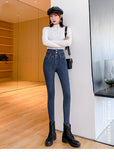  High Waist Women Solid Jeans 3 Buttons Female Pant Slim Elastic Mom Stretch Blue Grey Skinny Pencil Pant Mart Lion - Mart Lion