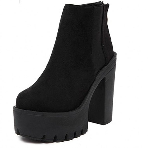 Black Ankle Boots For Women Thick Heels Autumn Flock Platform Shoes High Heels Black Zipper Ladies Mart Lion   