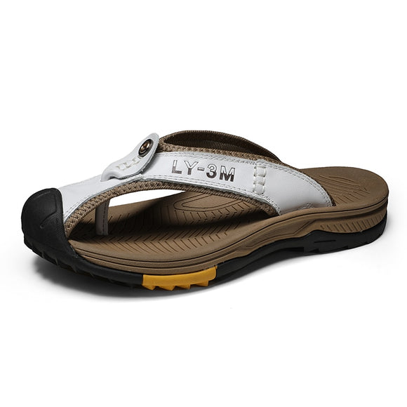 Summer Men's Slippers Flip Flops Brand Sandals Genuine Leather Home Mart Lion White 6.5 CN