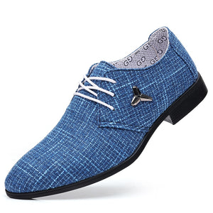 Men's Classic Shoes Dress Korea Pointed Toe Lace-Up Formal Wedding Blue Hemp Mart Lion   