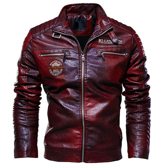 Leather Jacket Men's Winter Fleece Motorcycle PU Stand Collar Casual Windbreaker Ropa De Hombre Slim Coat Mart Lion   