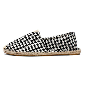 Black Houndstooth Shoes Men's Breathable Linen Casual Loafers Canvas Summer Leisure Flat Fisherman Driving Moccasin Mart Lion   