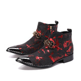 Autumn Pointed Short boots Serpentine Metal Rivet Cowhide Letter button Chelsea Model Formal wear Leather Mart Lion Red 36 