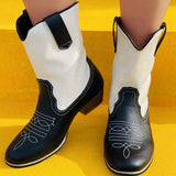  Winter Trend Boots Chunky Heel Round Toe Black and White Color Matching Women Mart Lion - Mart Lion