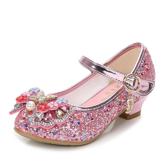 Children Princess Leather Shoes girls high heels sequin small and medium princess student Mart Lion Pink 9.5 