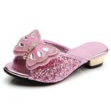 Girls Sandals Princess Slippers Summer Children Shoes Sequins Butterfly High Heels Casual Slip Leather Kids Mart Lion Pink 1 