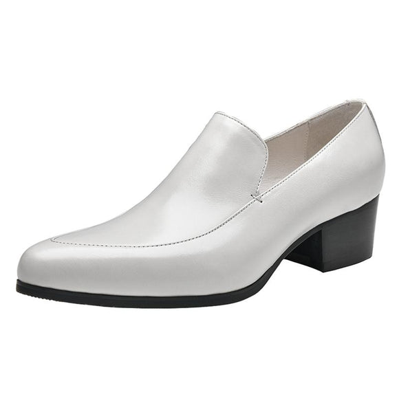  Men's High Heel Shoes Black White Genuine Leather Wedding Dress Pointed Toe Slip On Office Work Heighten Mart Lion - Mart Lion