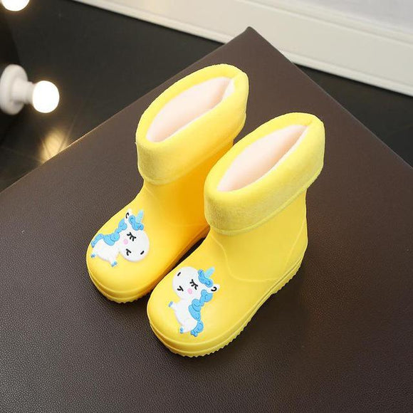 Kids Rain Boots For Girls Rubber Boys Baby Girls PVC Warm Children Waterproof Shoes Modis Cartoon Unicorn Removable Mart Lion yellow 9 