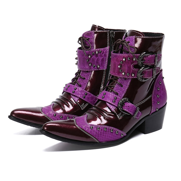 autumn Woman High-heeled Pointed boots Rivet Genuine leather Dress Office Marry Mart Lion Purple 36 China