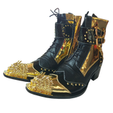 High heel Men's boots Pointed Rivet Belt buckle Genuine Leather Model Catwalk Luxury Increase social Mart Lion Gold 37 