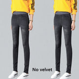 Women Winter Warm Skinny Jeans Pants Velvet Thick Trousers High Waist Elastic Middle Aged Mother Stretch Clothes Mart Lion Gray No velvet 26 