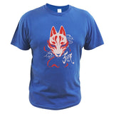 Japanese Fox T Shirt Culture Chinese Demons Design Graphic Homme 100% Cotton Gifts Mart Lion Blue EU Size S 