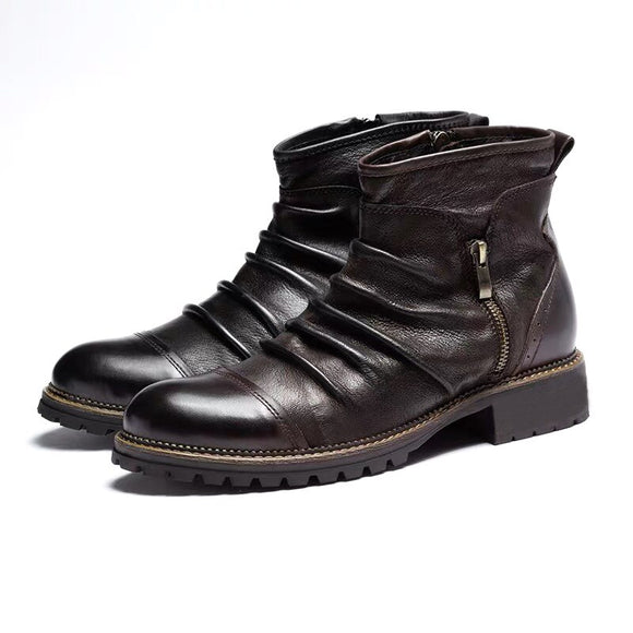  Yomior Vintage British Men's Leather Shoes Casual Round Toe Zip Ankle Boots Autumn Dress Chelsea Mart Lion - Mart Lion